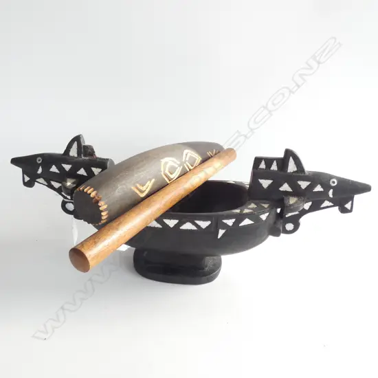 SOLOMON IS. CARVED BOWL WITH MOP INLAY + SMALL DRUM..