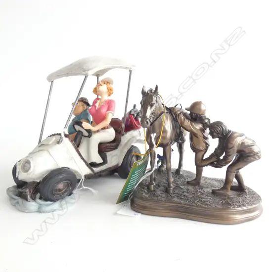 2 ORNAMENTS; COMICAL GOLFERS IN CART L 200MM & CAST BRONZE HORSE & RIDER L 60MM