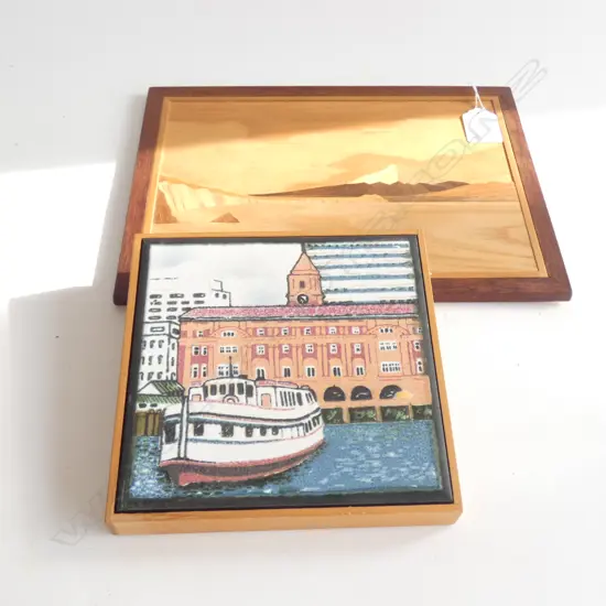 2 ARTWORKS; WAIPU TILE AUCKLAND FERRY BUILDING & MT EGMONT VANEER WOODS LANDSCAPE 200x265mm