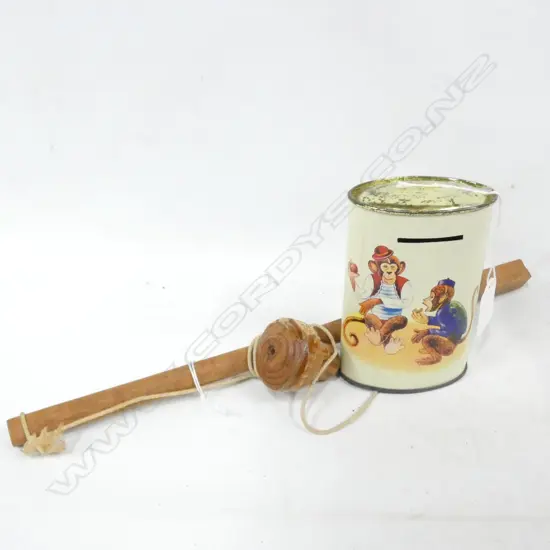 OLD WOODEN STICK GAME & HARVEY & SONS MONEY BOX WITH MONKEYS H. 118MM