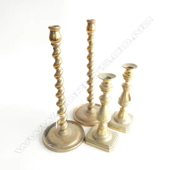 2 PRS BRASS CANDLESTICKS; BARLEY TWIST & OTHER H.400mm