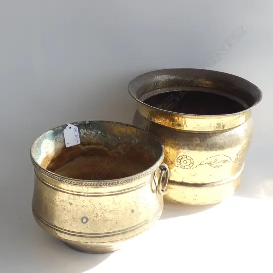 2 BRASS JARDINERES 200mm dia