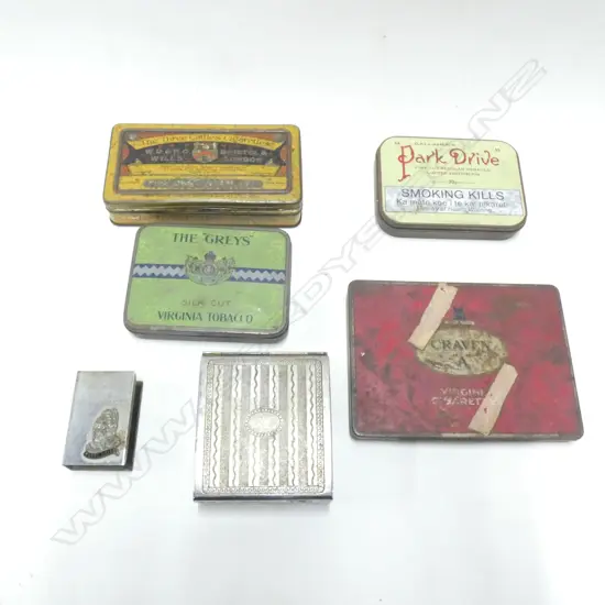 BOX OLD CIGARETTE TINS + MAORI CHIEF MATCHBOX HOLDER