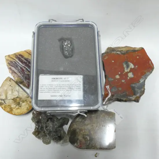 5 ASST GEMSTONE ROCKS - LARGEST L 175MM + IRON OCTAHEDRITE FROM 1947 FIREBALL