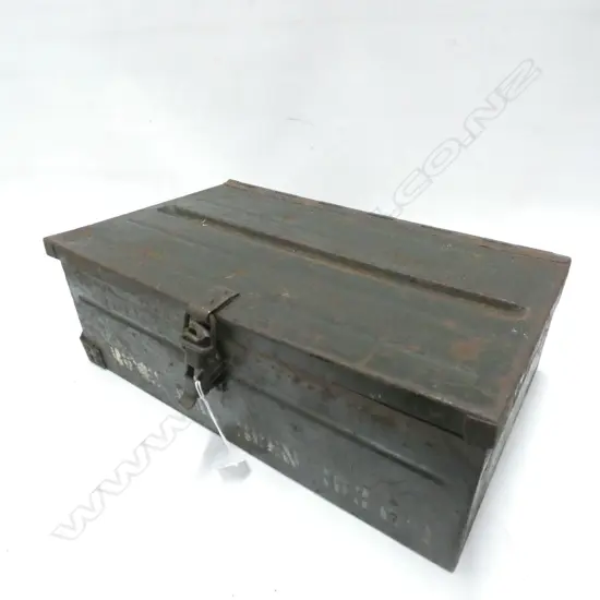 OLD BLACK PAINTED METAL AMMUNITIONS BOX (?) SOME RUST AND WEAR TO PAINT 390 X 240 X 150MM