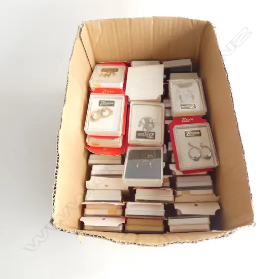 BOX LOT ZIRCON EARRINGS - IN ORIGINAL BOXES - APPROX 50 PR