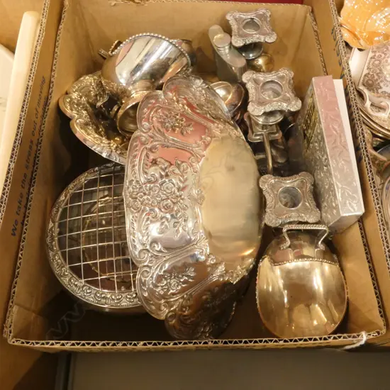 GOOD BOX LOT SILVER PLATE INCL. ROSE BOWL ETC.+ PEWTER HIP FLASK