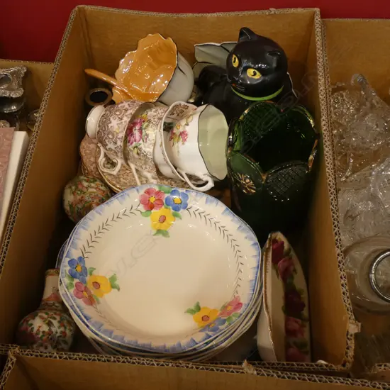 BOX LOT ASST  INCL BLACK CAT TEAPOT; PART SET& GLASS ETC.