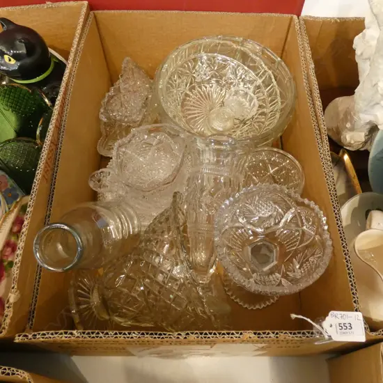 BOX LOT ASST VINTAGE CLEAR  GLASS BOWLS/ JUGS / VASES ETC.
