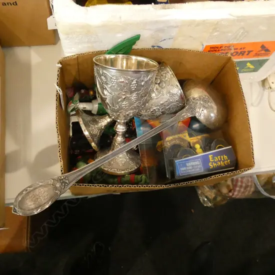 BOX  LOT ASST. TOYS + PR SILVER PLATE CUPS