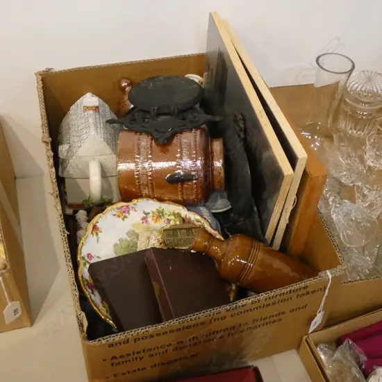 BOX LOT INCL TEAPOT / WEDGWOOD/ FISH CUTLERY ETC.