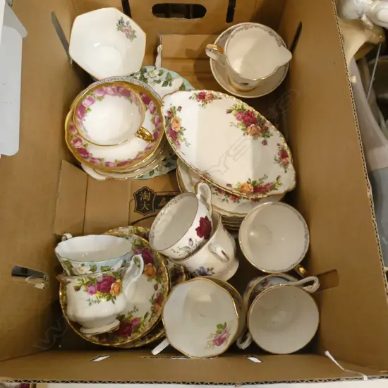 BOX ASST ENGLISH CHINA TRIOS & DUOS ETC. INC. ROYAL ALBERT OCR & GILT ENGLISH ROSES