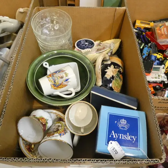 BOX ASST GLASS & CHINA INCL. ROYAL ALBERT & ROYALTY CHINA ETC.