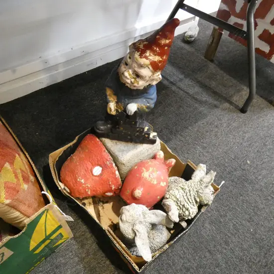 BOX LOT ASST. CEMENT GARDEN ORNAMENTS; GNOME, RABBITS ETC