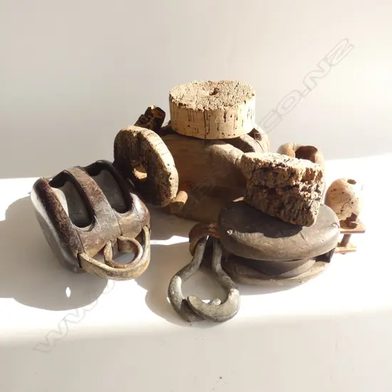 2 OLD SHIPS PULLEYS 2 PART PULLEYS + CORK FLOATS ETC