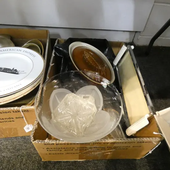 BOX LOT GLASS, BLACK BAG, ETC