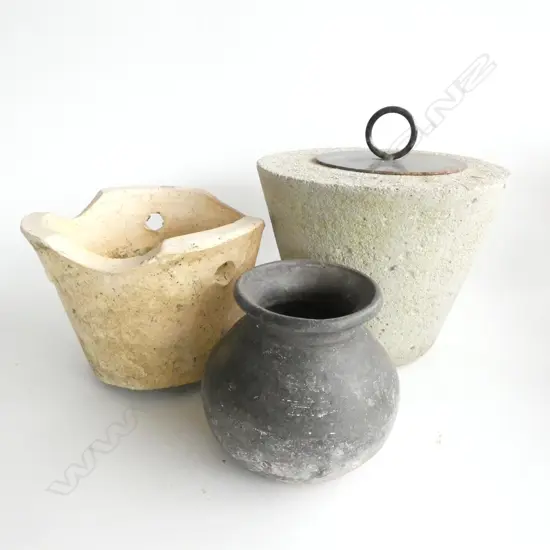 BOX LOT CERAMIC POT & CONCRETE BURNER