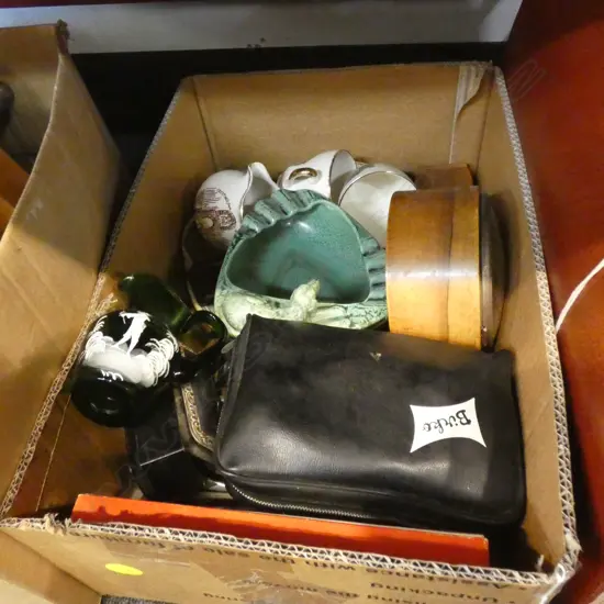 BOX LOT COLLECTABLES INCL MAORI CHINA / WOODEN MANTLE CLOCK /OLD TRAVELLING IRON ETC.