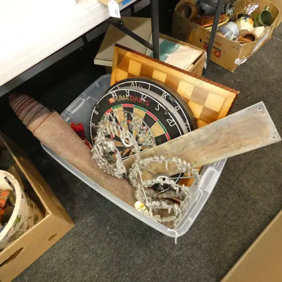 BOX LOT 2 DART BOARDS, RUG, PR LIGHTS, CHESS BOARD ETC