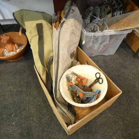 BOX LOT ASST. CORNER BRACE TOOLS + 2 BAGS OF SAWS ETC