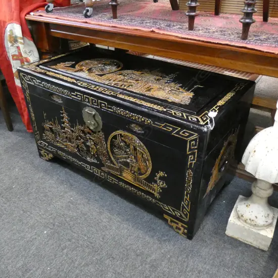 BLACK PAINTED CAMPHOR CHEST...