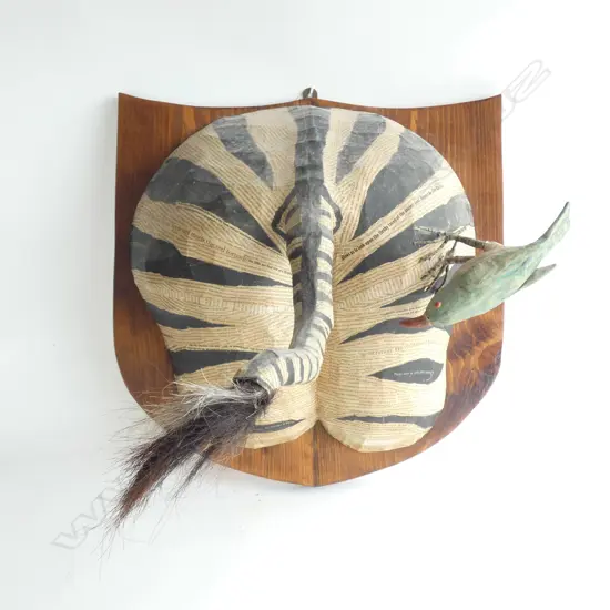 DAVID FARRIER (C1998) PAPIER MACHE 'ZEBRAS BUTT & WOODPECKER'  BACKING BOARD W. 475MM