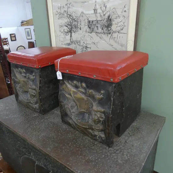 PR BEATEN COPPER STOOLS RED VINYL UPHOLSTERY 