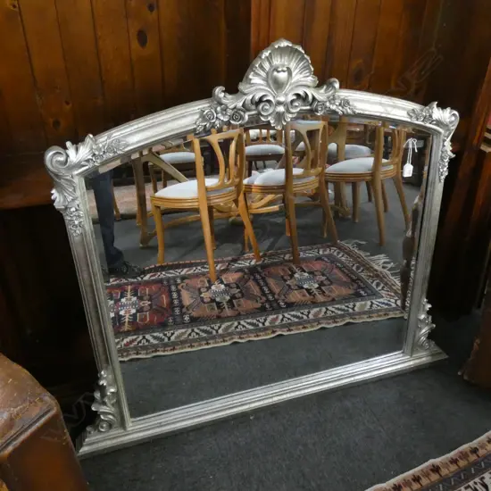 LARGE SILVER FRAMED OVER MANTLE MIRROR W.1265mm H.1090mm