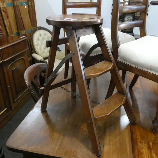 VINTAGE HARDWOOD FOLDING STEP STOOL STURDY METAL FITTINGS