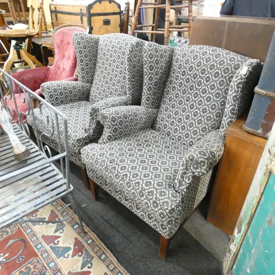PR OF UPHOLSTED WING BACK ARM CHAIRS