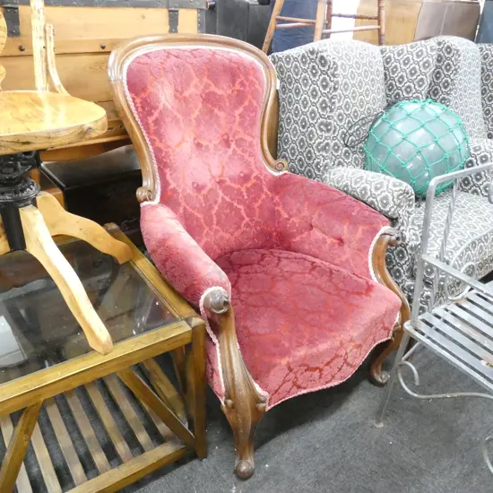 VICTORIAN MAHOGANY GRANDFATHER CHAIR RED UPHOLSTERY