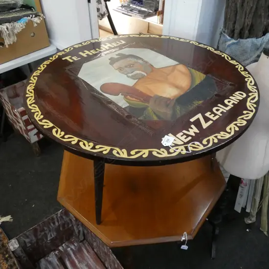 CARVED CIRCULAR MAORI TABLE 'TE HEUHEU NEW ZEALAND' 760mm dia