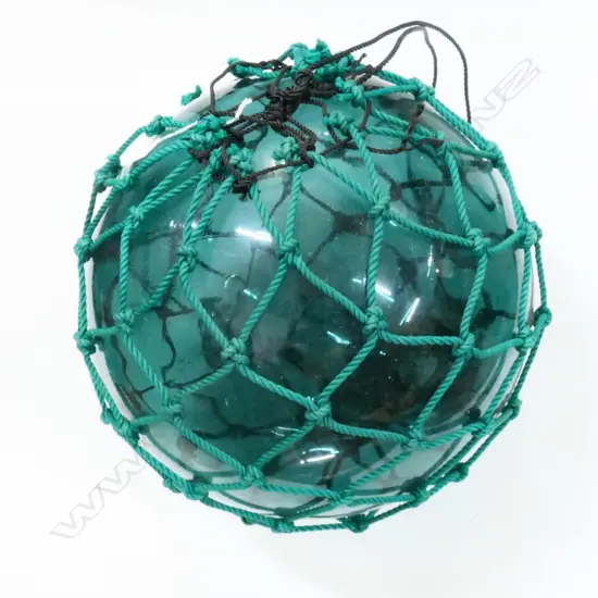 OLD LARGE GLASS FISHING FLOAT WITH GREEN NETTING Dia.350mm