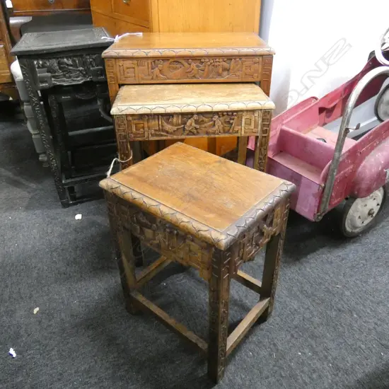 SET OF 3 CARVED WOODEN CHINESE NESTING TABLES...