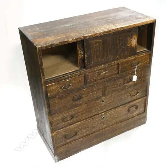 RUSTIC JAPANESE WOODEN TANSU CHEST 2 CUPBOARD / 7 DRAWERS 665 X 310 X 720MM