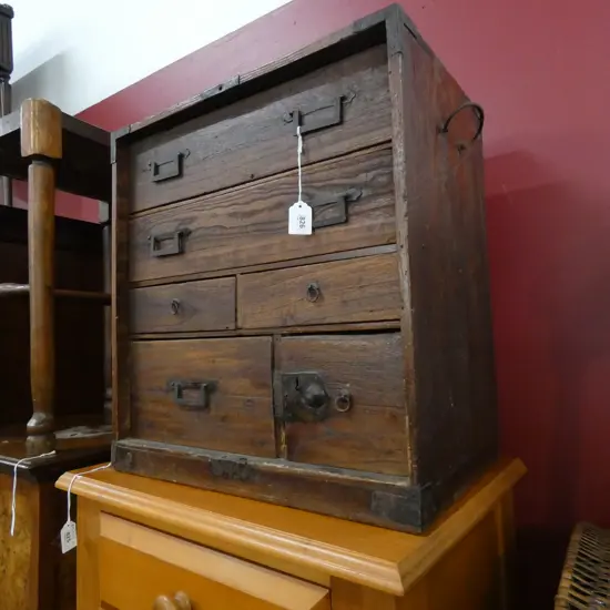 VINTAGE JAPANESE LIGHT STAINED WOODEN TANSU CHEST 6 DRAWER + 2 SLIDING CUPBOARDS 565 X 290 X