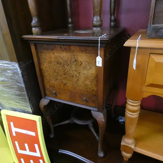 CABRIOLE LEG BLUE SATIN LINED SEWING BOX TOP AF H. 650mm