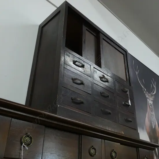 VINTAGE JAPANESE DARK WOODEN TANSU CHEST - 9 DRAWERS & 2 SLIDING CUPBOARDS 710 X 295 X 765MM