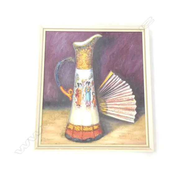 OIL ON BOARD JAPANESE JUG & FAN  350 X 400MM