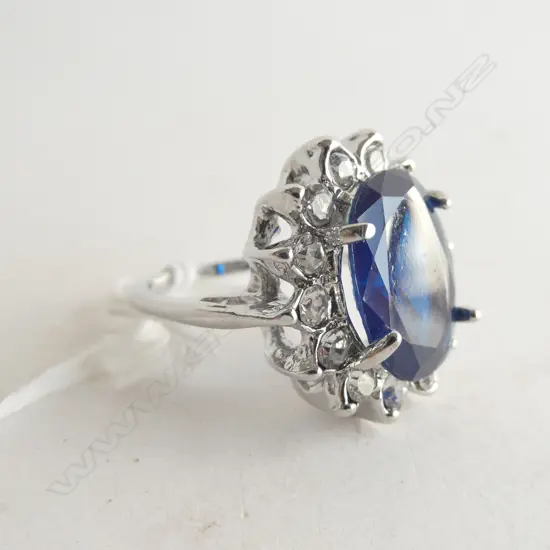 FANTASY RING FAUX 10ct SAPPHIRE & DIAMOND RING SILVER TONE