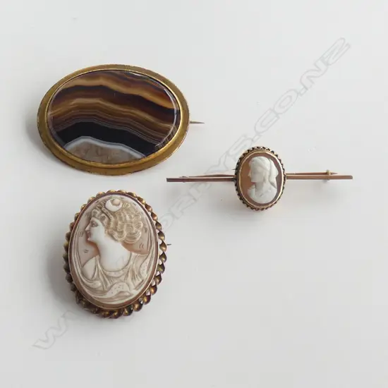 2 9ct CAMEOS + BROWN AGATE BROOCH