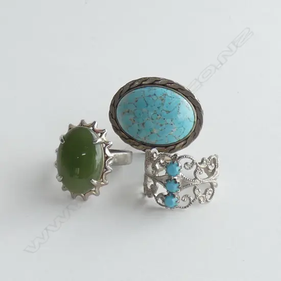 3 COSTUME RINGS; TURQUOISE, GREENSTONE ETC