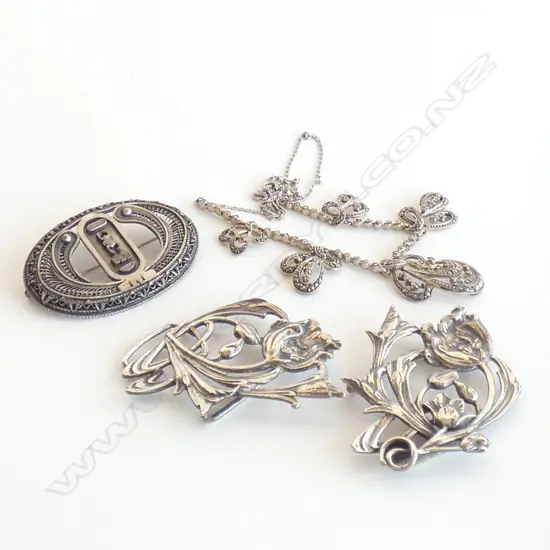 SILVER & MARCASITE NECKLACE/SILVER EGYPTIAN REVIVAL BROOCH/SILVER BUCKLE