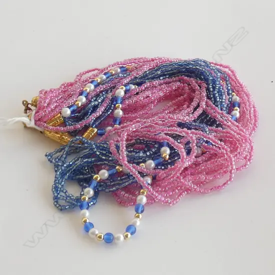 2 MULTI STRAND NECKLACES;ONE PINK & ONE BLUE W FAUX PEARLS