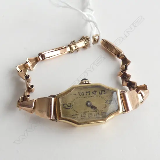14CT GOLD LADIES DECO WATCH + 9CT CHAIN 8.45 gms+ 15 JEWEL MOVEMENT