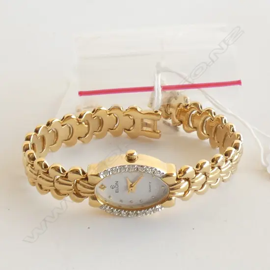 ELGIN LADIES WATCH - GOLD PLATE W CRYSTALS  - SPARE LINKS
