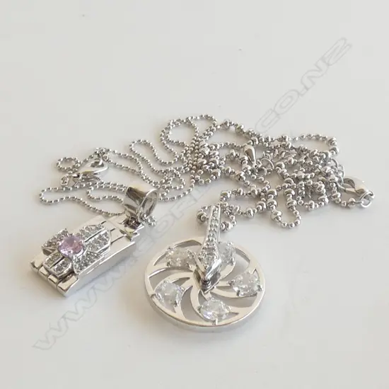 2 SILVER TONE & CRYSTAL NECKLACES W PENDANTS