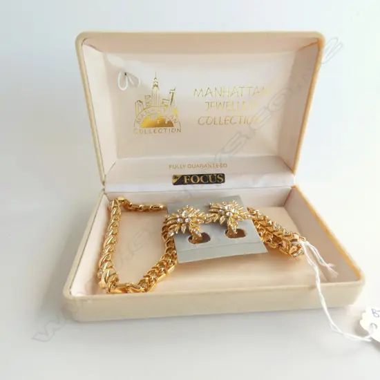 GOLD TONE & DIAMANTE STUDDED NECKLACE & CLIP EARRINGS