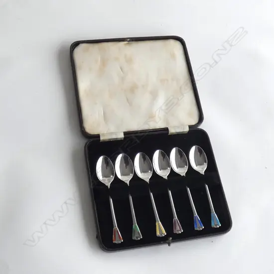 BOXED SET 6 ART DECO STG SILVER & ENAMEL COFFEE SPOONS BIRMINGHAM 1922  40GMS