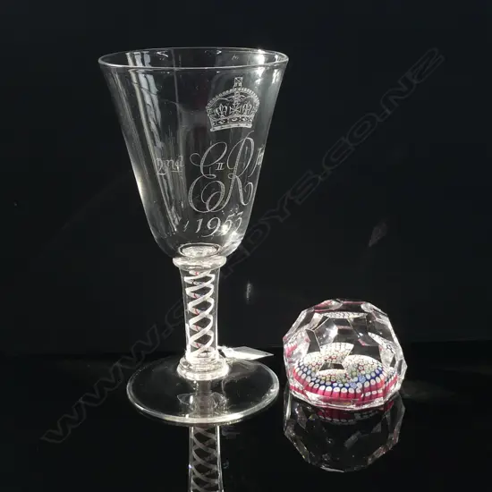 MILLEFIORI PAPERWEIGHT + WHITEFRIARS E.R.1953 CORONATION WINE GLASS H.205mm